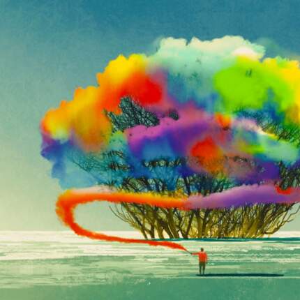 Digital Print man draws abstract tree with colorful smoke flareillustration painting_46375090
