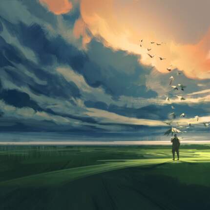 Digital Print painting of man holding an umbrella standing alone in the meadow watching at the cloudy horizon_42280504