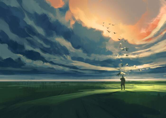 Digital Print painting of man holding an umbrella standing alone in the meadow watching at the cloudy horizon_42280504 Digital Print painting of man holding an umbrella standing alone in the meadow watching at the cloudy horizon_42280504