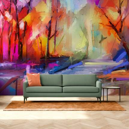Oil Painting Colorful Autumn Trees Semi Abstract Image Of Forest Landscapes With Yellow Red Leaf And Lake 121759556 A