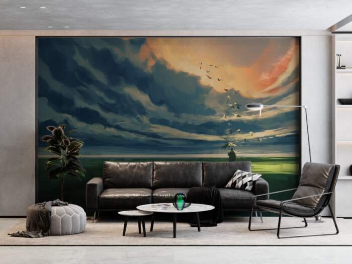 Painting Of Man Holding An Umbrella Standing Alone In The Meadow Watching At The Cloudy Horizon 42280504 Painting Of Man Holding An Umbrella Standing Alone In The Meadow Watching At The Cloudy Horizon 42280504