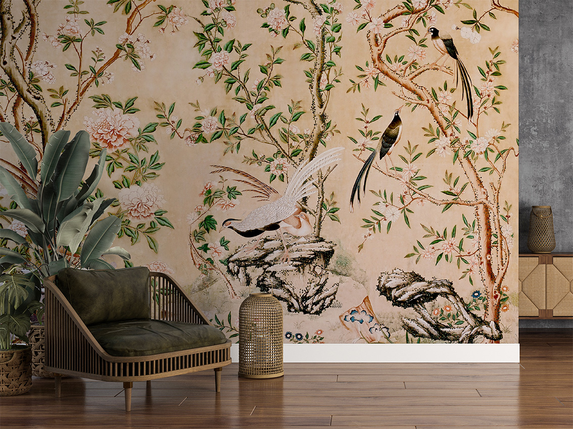 chinoiserie wallpaper heron vintage cranes dark peel and stick wallpaper  temporary mural - Scandi Home birds_wallpaper botanical_wallpaper