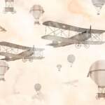 Airplanes Hot Air Balloons Flying Watercolor Illustration 197626009