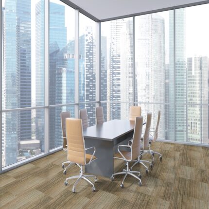 Panoramic conference room in modern office in Singapore Brown chairs and a black table 3D rendering
