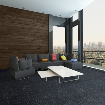 Living room interior with black couch with colored pillows Living room interior with black couch with colored pillows